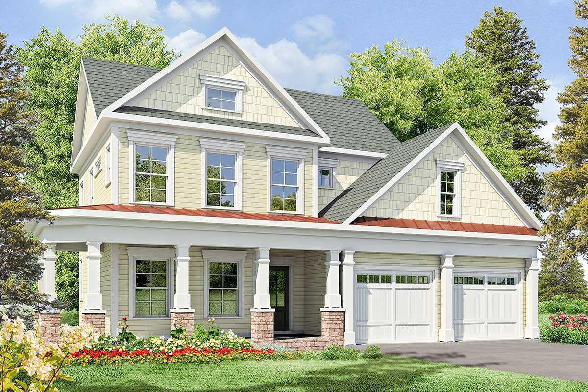 House plan exterior: Two-story home with wraparound porch, gables, dormers, and a three-car garage.