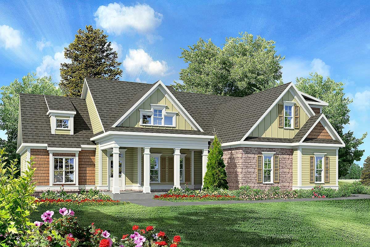 House plan exterior: Craftsman style, two stories, covered porch with columns, dormers, and stone accents.