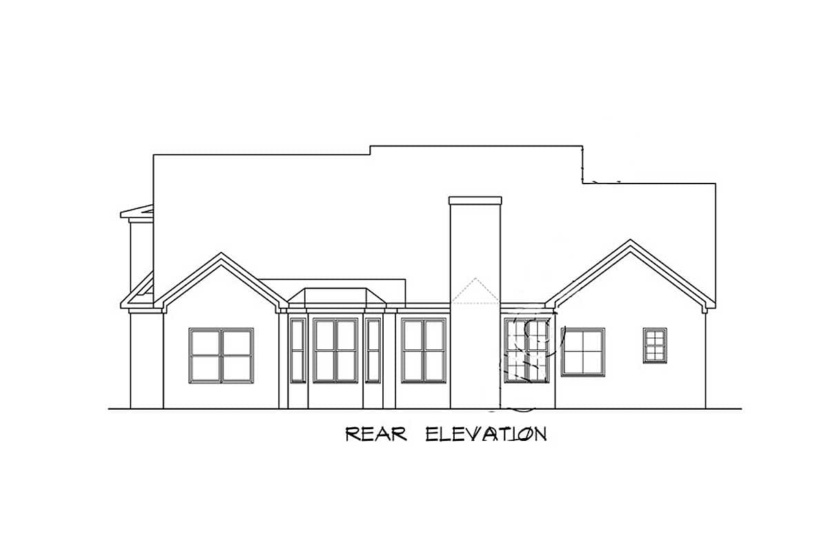 Rear elevation drawing of a house plan, showing multiple gables, a prominent chimney, and various window configurations.