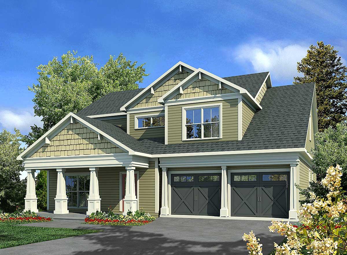 House plan exterior: Two-story home with a covered front porch supported by columns, dormer windows, and a three-car garage.