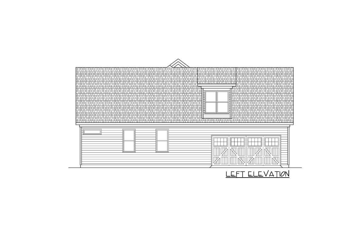 House plan left elevation: pitched roof, dormer window, two rectangular windows, and a three-bay garage with paneled doors.