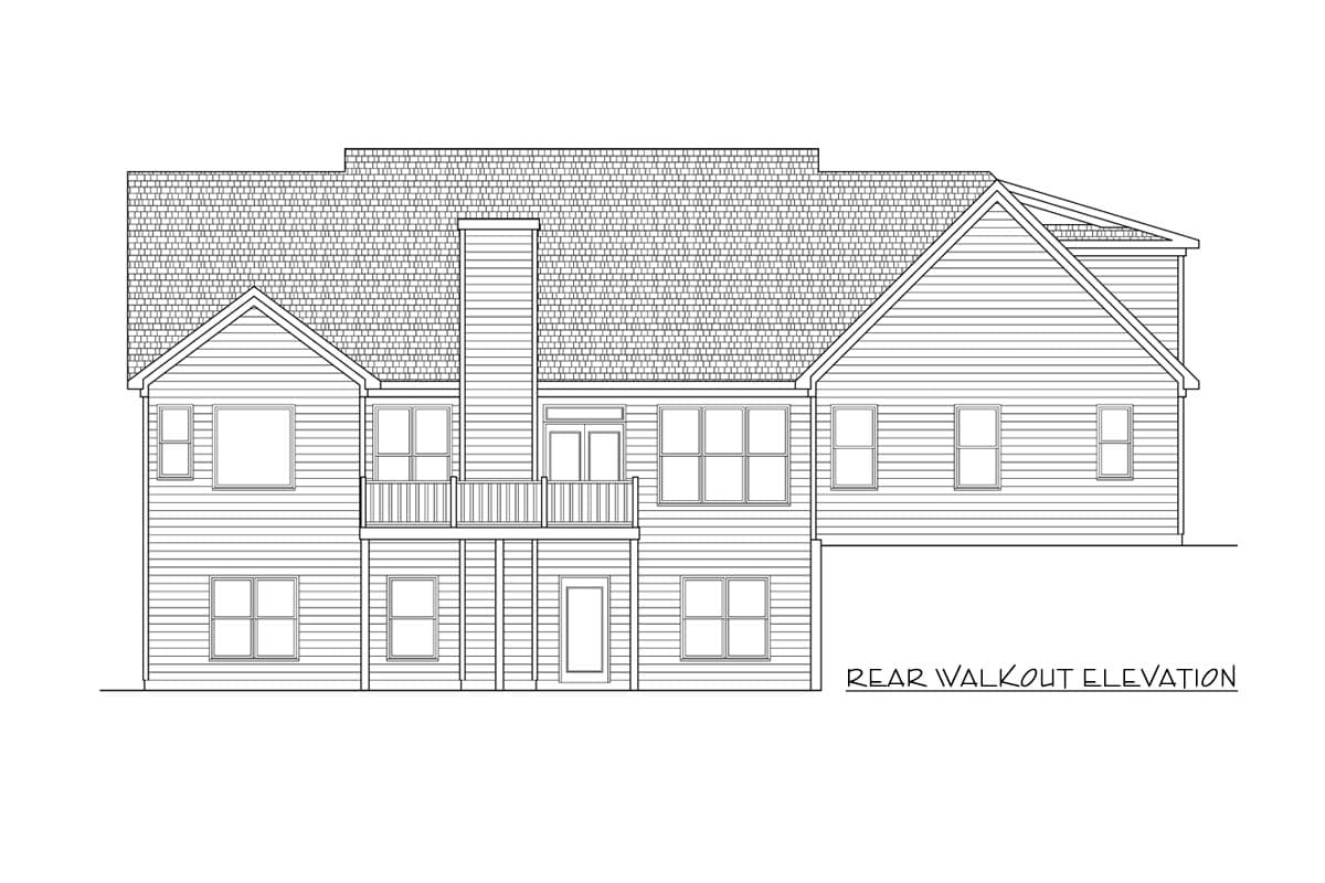 Rear walkout elevation drawing showing a two-story house with gabled roofs, a central chimney, and a second-story balcony.