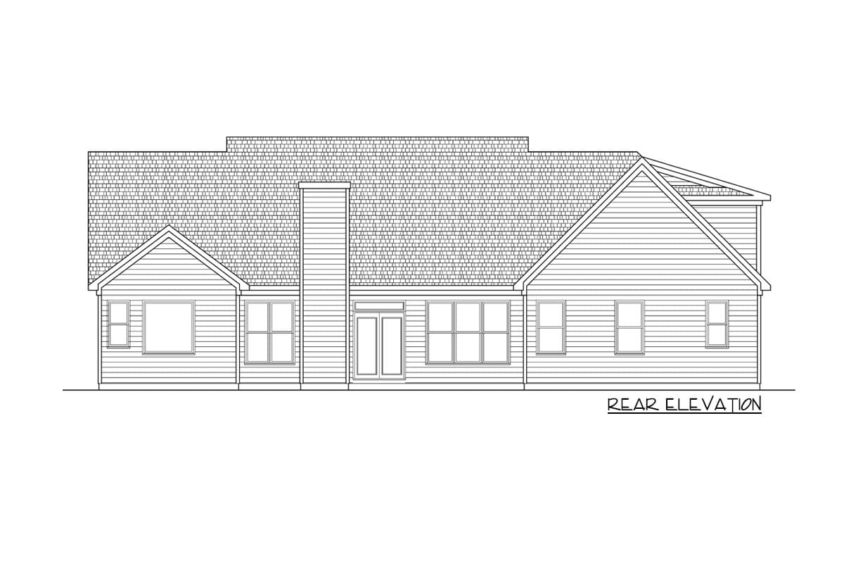 Rear elevation drawing of a house plan featuring a prominent central chimney, multiple windows, and varied rooflines.