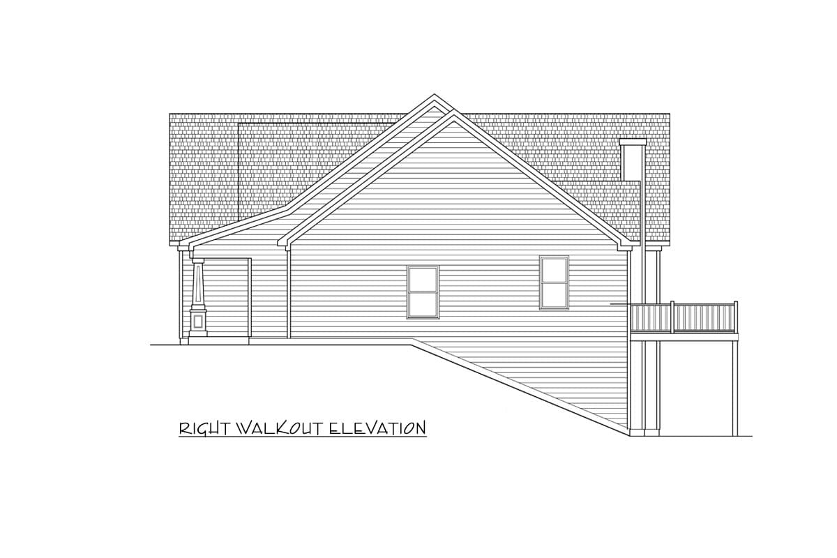 Right walkout elevation drawing of a house plan showing siding, gabled roof, porch, and deck.