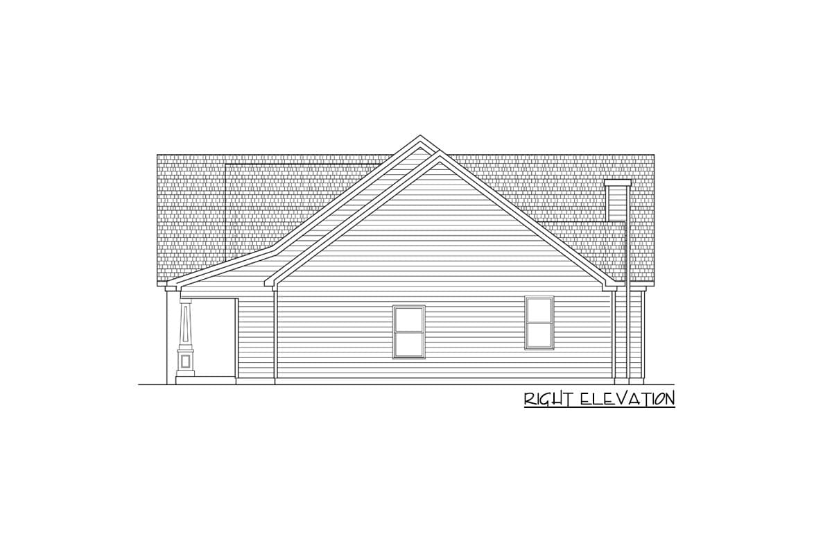 Right elevation drawing of a house plan showing gabled roof, siding, entrance porch, and two windows.