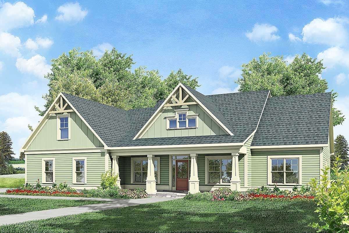 House plan exterior: Ranch style with full-width covered porch, decorative gables with exposed rafter tails, and double-hung windows.