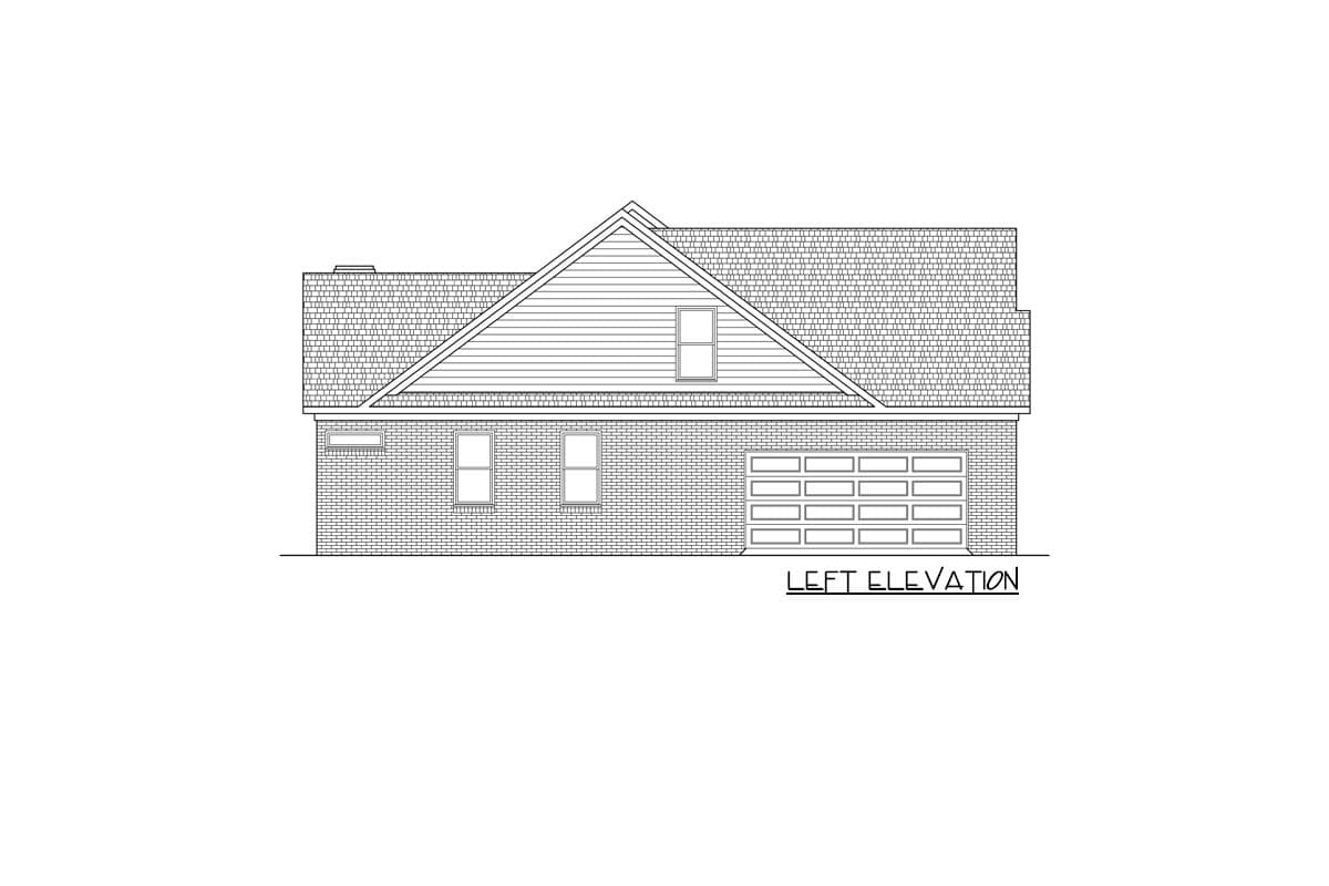 Left elevation house plan with brick facade, gable, two windows, and a two-car garage.