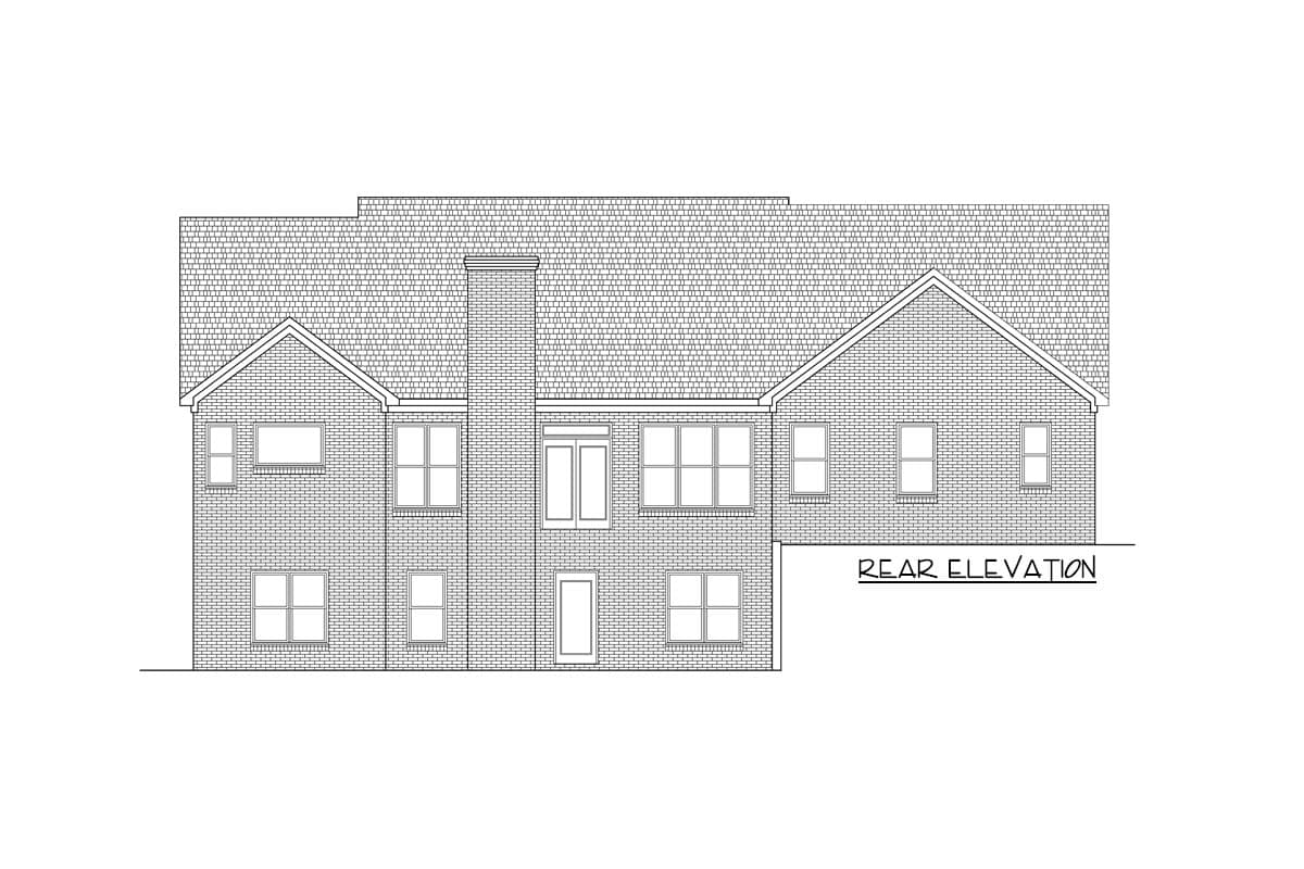 Rear elevation drawing of a two-story house plan featuring brick facade, multiple gables, central chimney, and numerous windows.