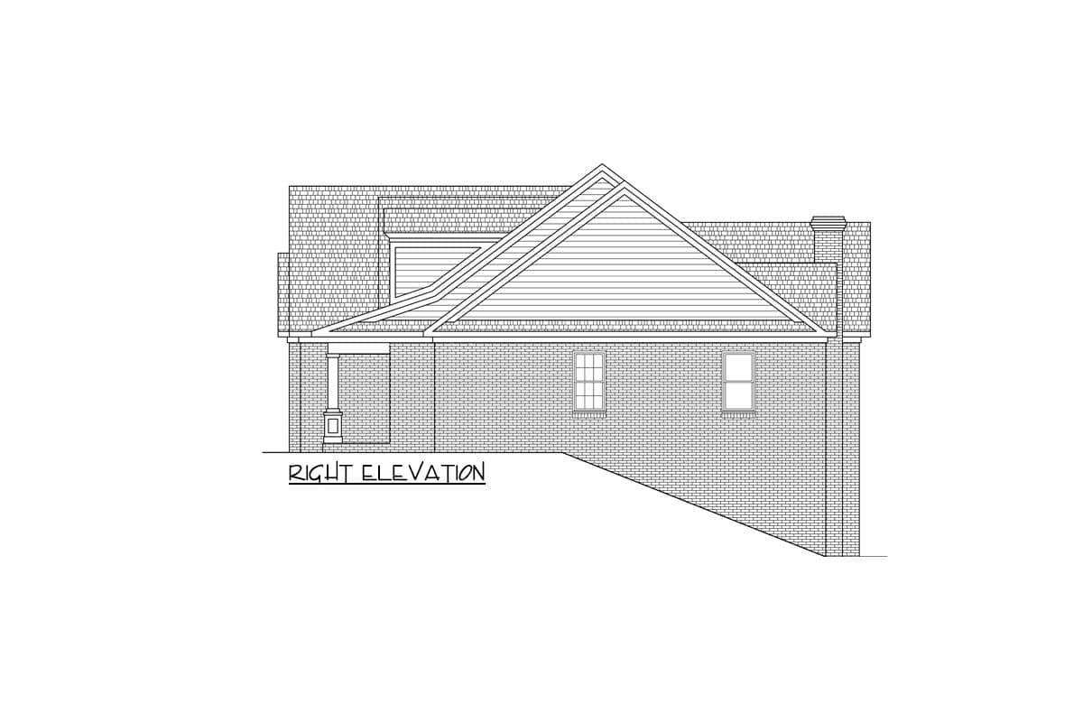 House plan right elevation showing brick facade, gabled dormer, pitched roof, chimney, and covered porch.