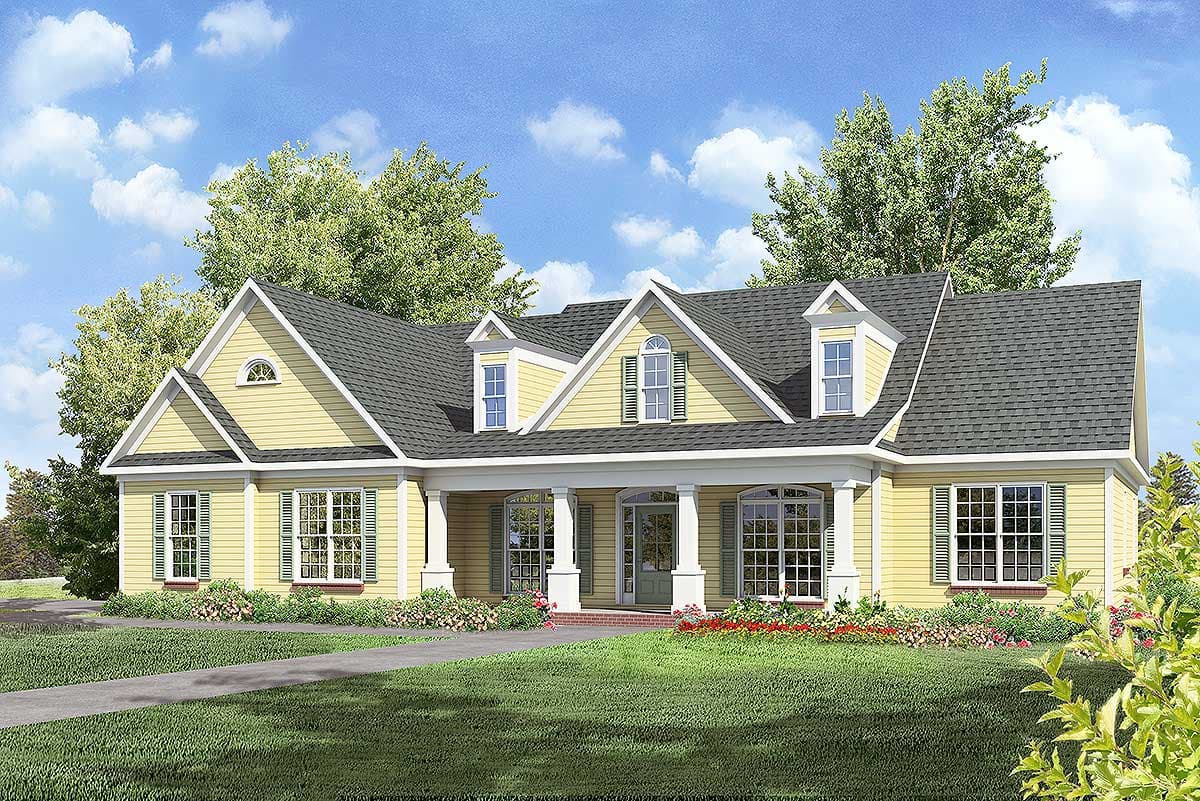 House plan exterior: One-story Traditional style with covered porch, dormers, gables, and multiple window types.