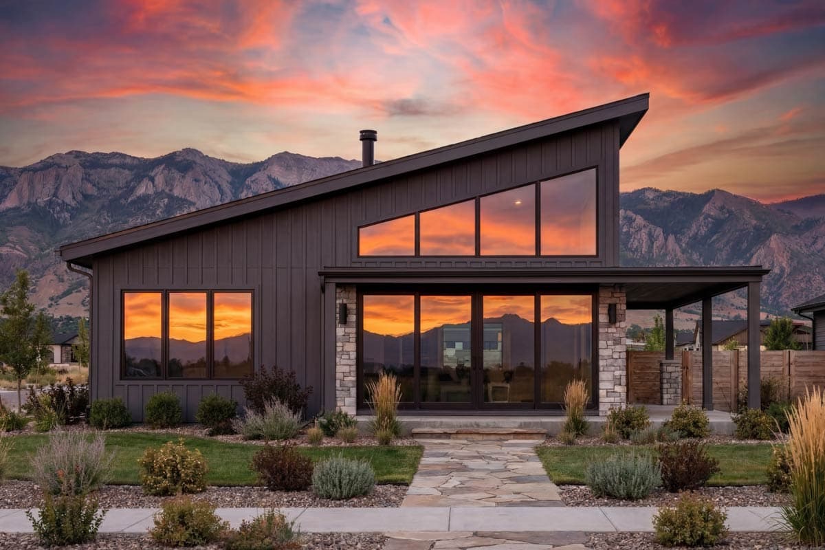 Modern house plan exterior with a steeply pitched roof, vertical siding, stone accents, and large panoramic windows reflecting a sunset.