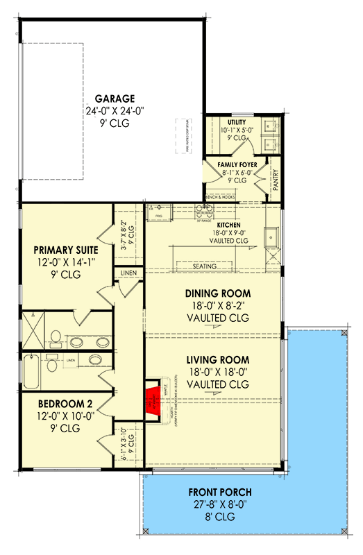 Plan 818125JSS: Mid-Century Modern House Plan with L-Shaped Front Porch - 1395 Sq Ft - Floor Plan - Main Level - Mid Century Modern, Modern