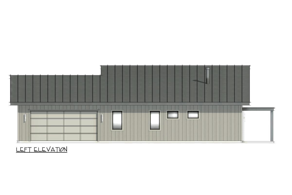 Left elevation drawing of a house with a metal roof, vertical siding, garage door, and small windows.