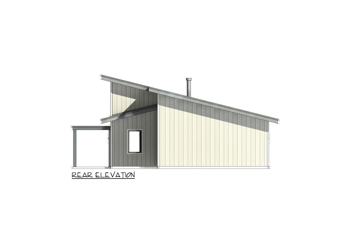 Rear elevation drawing of a house with a shed roof, single window, chimney, and covered entry.