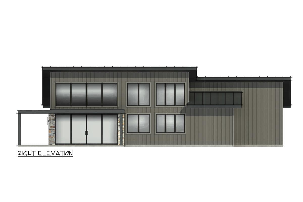 Right elevation drawing of a modern two-story house plan featuring vertical siding, stone accents, and large multi-pane windows.