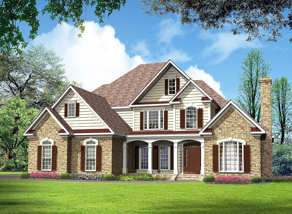 House plan exterior: Two-story home with stone accents, covered porch, multiple gables, dormers, and a prominent stone chimney.