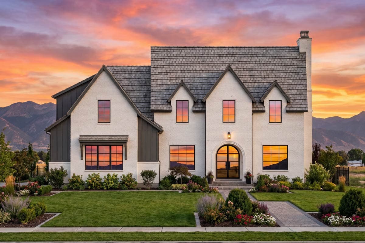 House plan exterior: Two-story modern farmhouse with white brick, dark gables, arched entry, and multiple dormer windows.