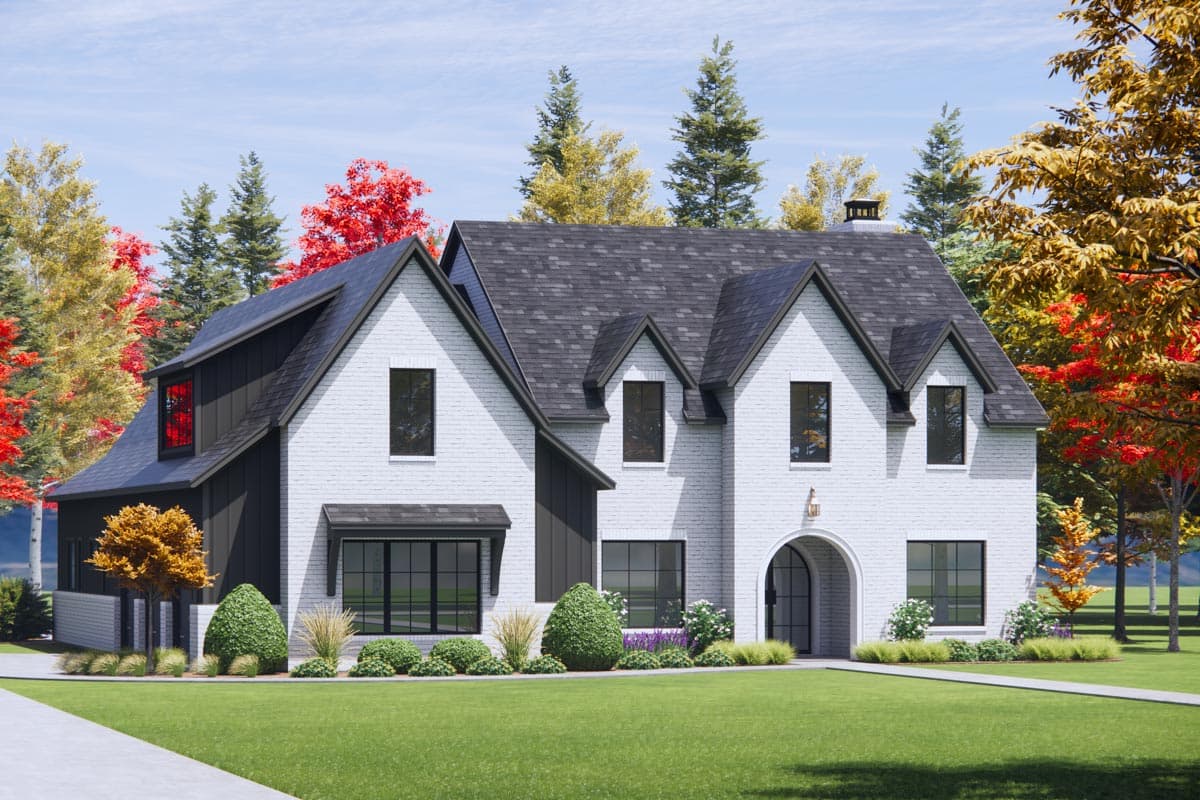 House plan exterior of a two-story Modern Farmhouse with white brick, dark siding accents, gables, and arched entryway.