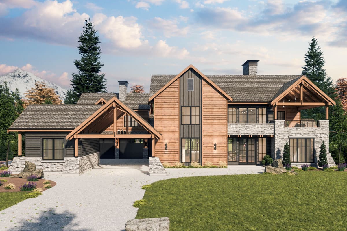 House plan exterior. Two-story home with a gabled roof, timber frame accents, stone veneer, and a covered porch with exposed beams.