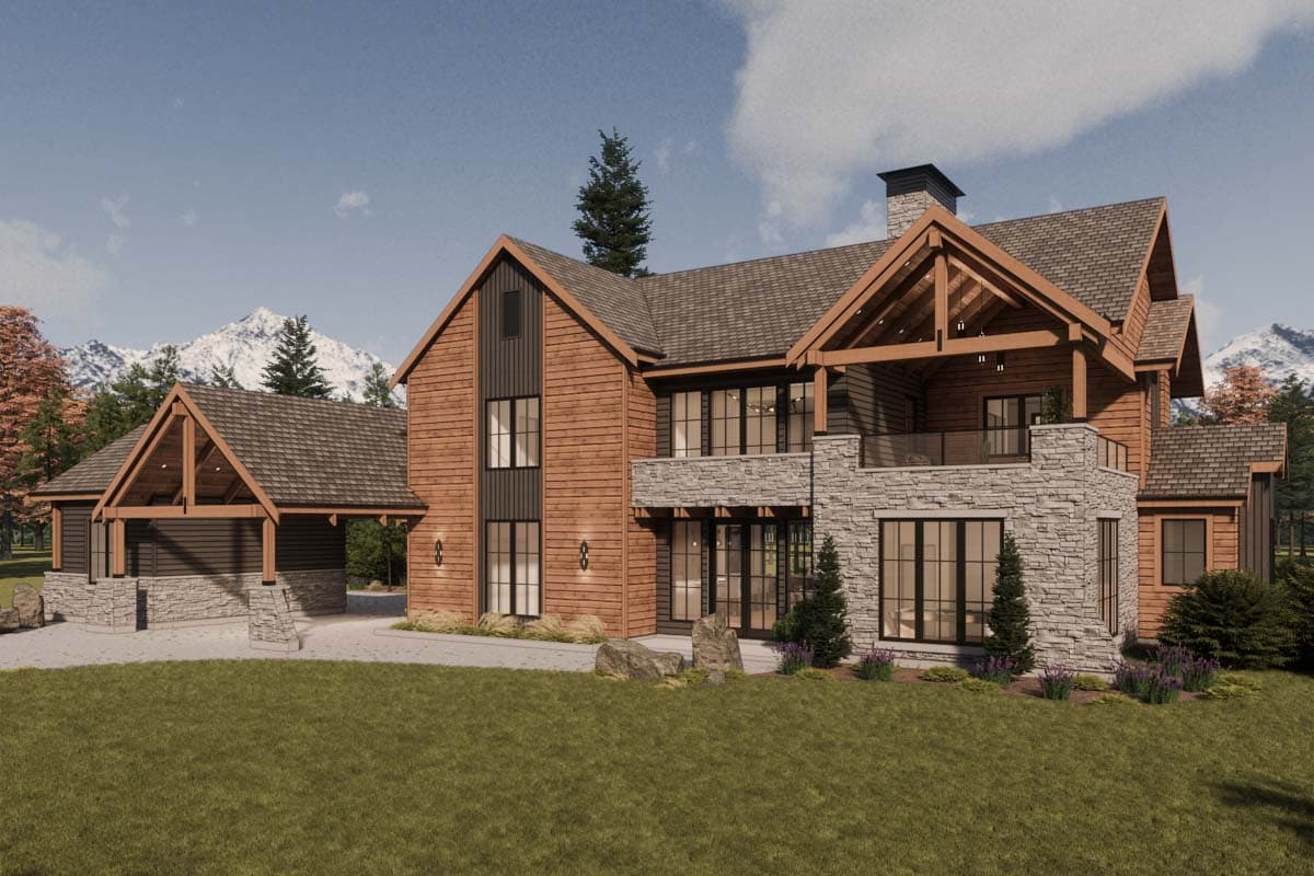 House plan exterior, modern mountain style, two stories, exposed beams, stone accents, and attached carport.