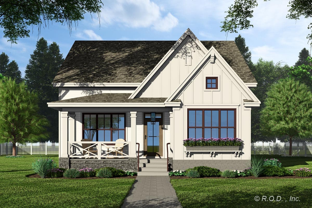 House plan exterior featuring a two-story farmhouse style, front porch with columns, gabled roof, and decorative window boxes.