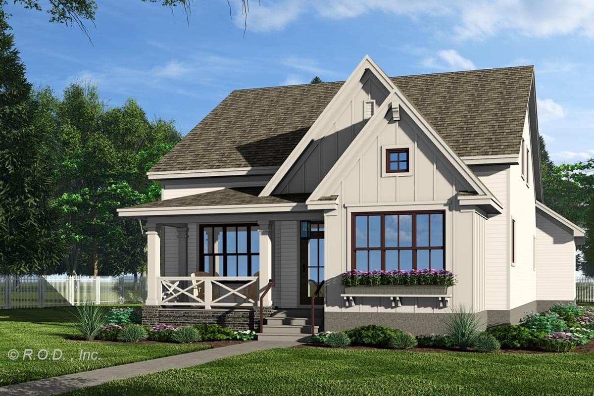 Modern Farmhouse house plan exterior with covered porch, board and batten siding, and prominent gables.