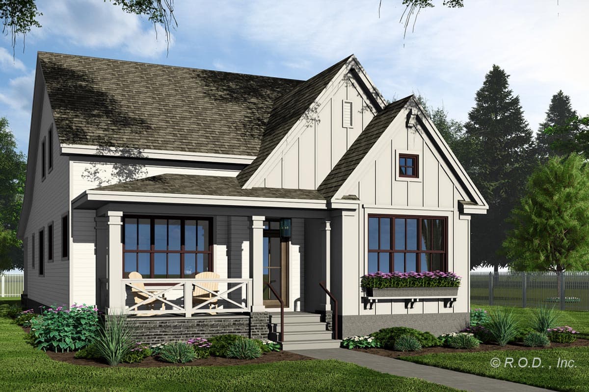 House plan exterior: Modern Farmhouse style, two stories, with a covered porch, gables, and board-and-batten siding.