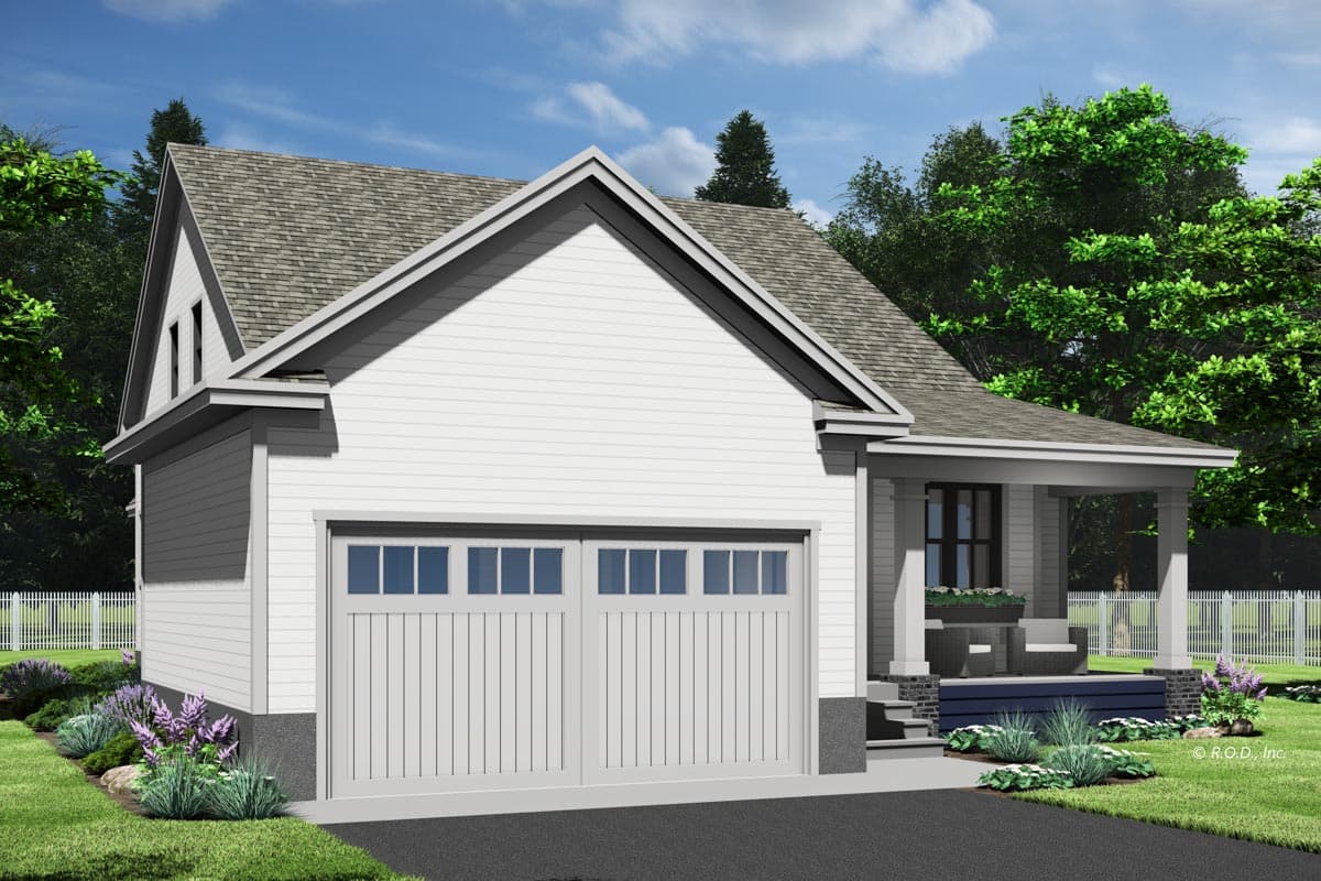 House plan exterior: Two-story Modern Farmhouse with dual garage doors, gable dormer, and covered front porch.