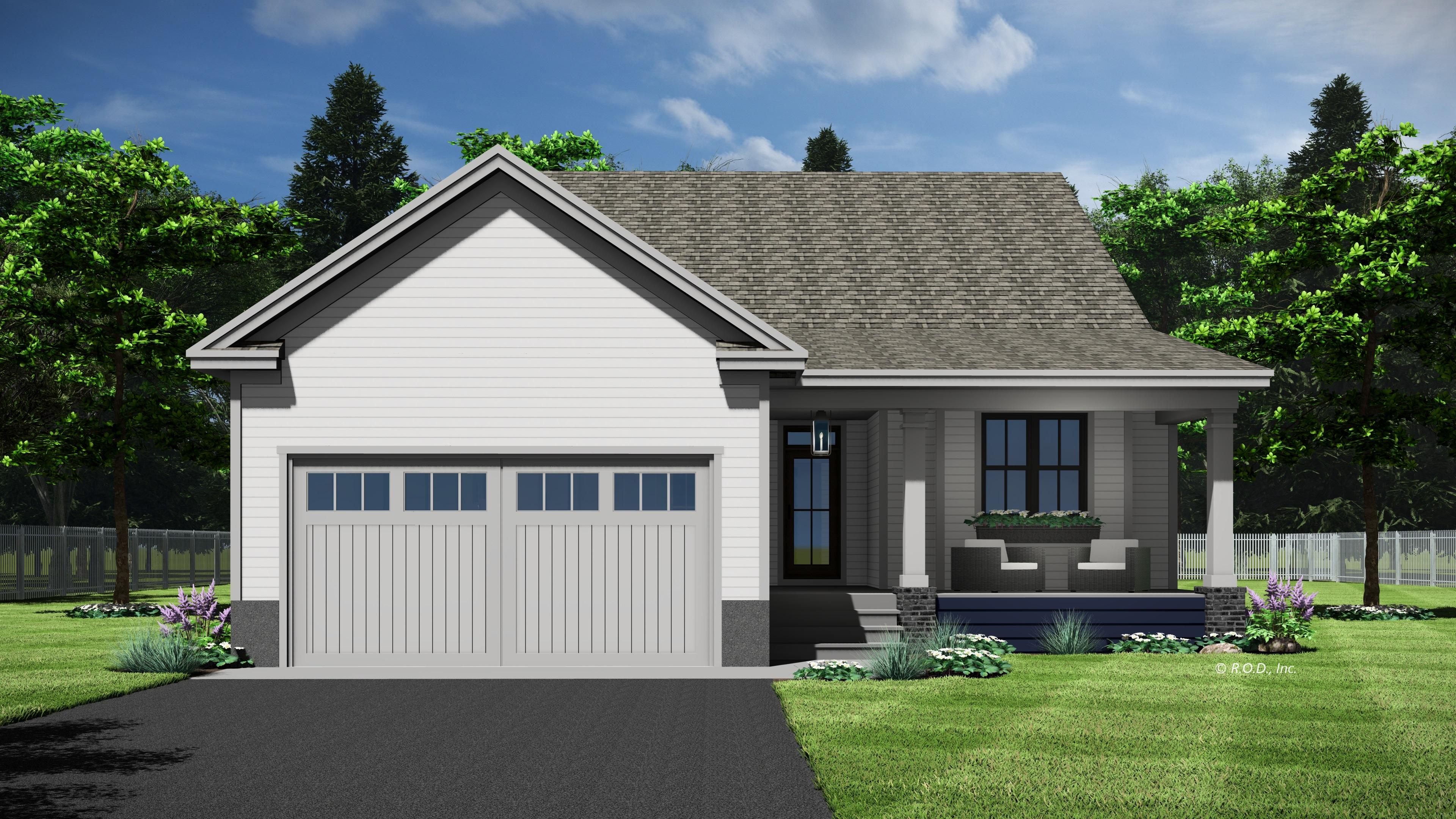 House plan exterior: Gable roof, vinyl siding, attached garage, covered front porch with columns.