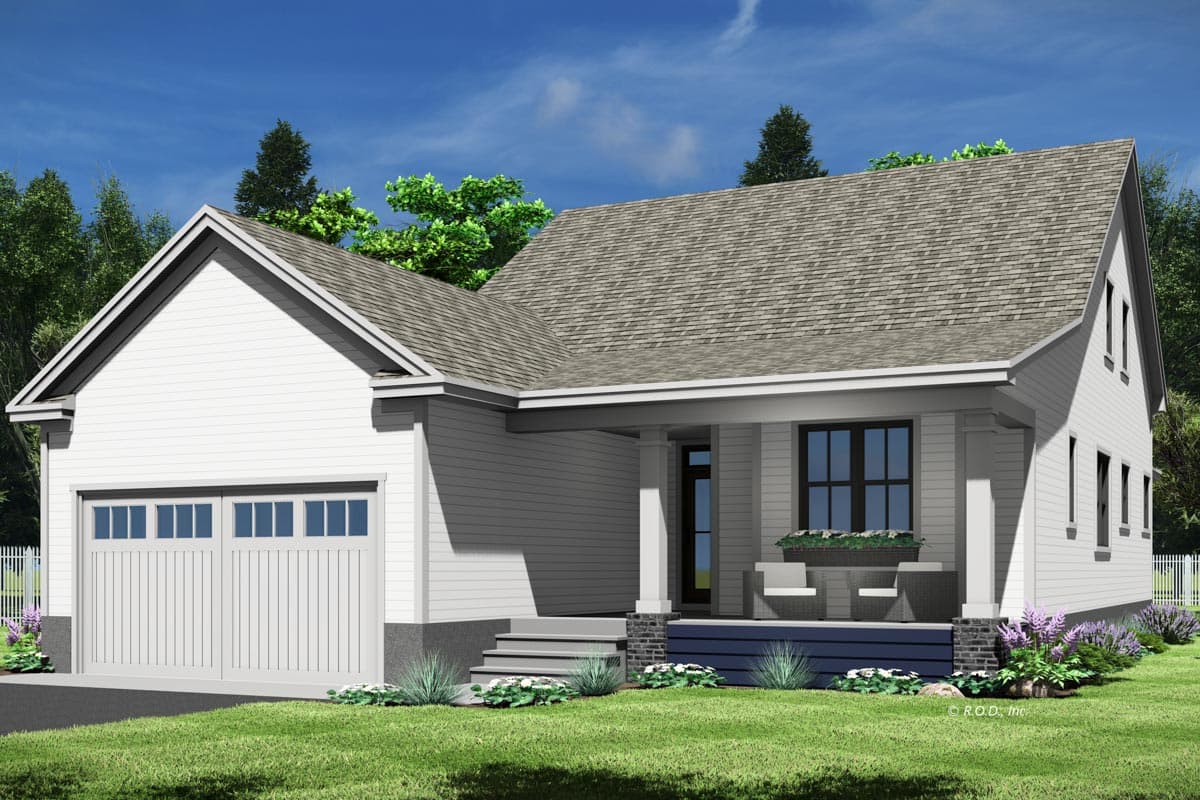 House plan exterior: Modern Farmhouse style, one story, with a front-facing garage, covered front porch, and gable rooflines.