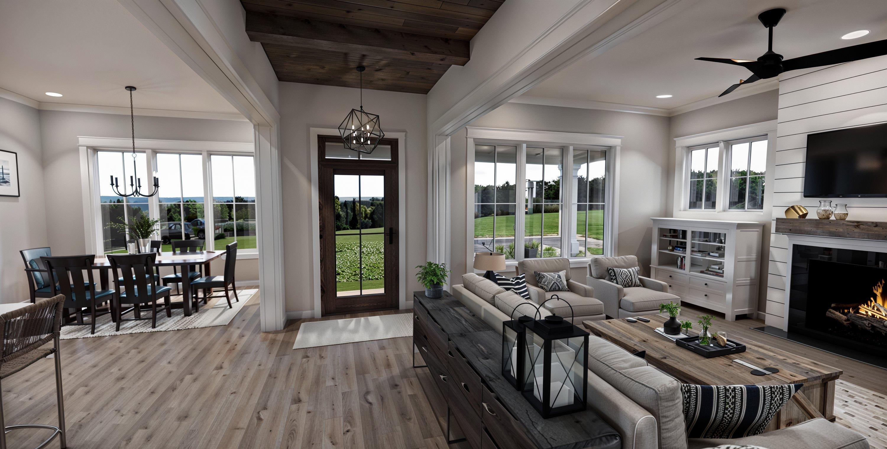 Interior view of open-concept living and dining areas with fireplace, wood ceiling beams, large windows, and a coffee table.