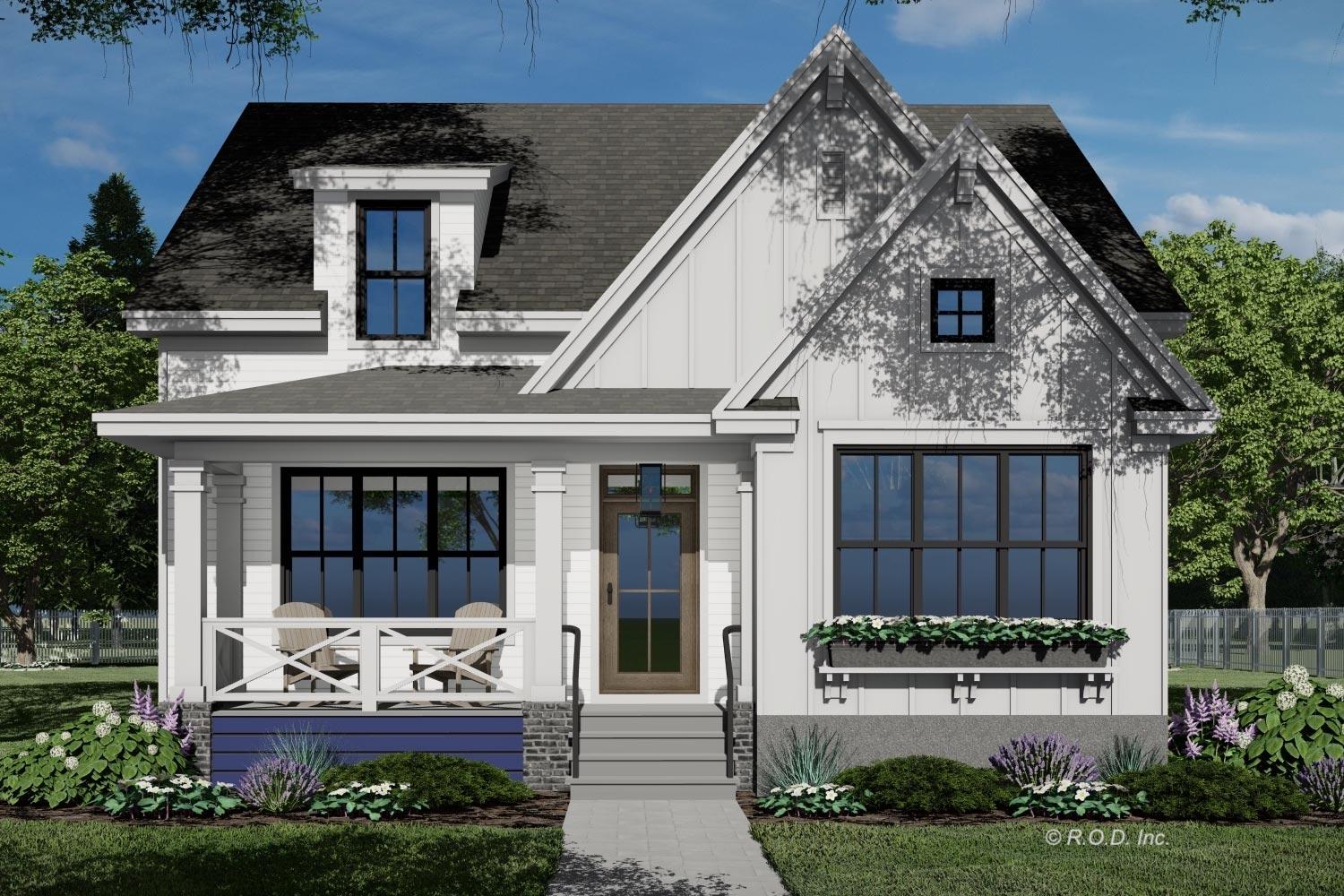 House plan exterior. Two-story Modern Farmhouse with a gabled roof, dormer, and front porch with pillars and railing.
