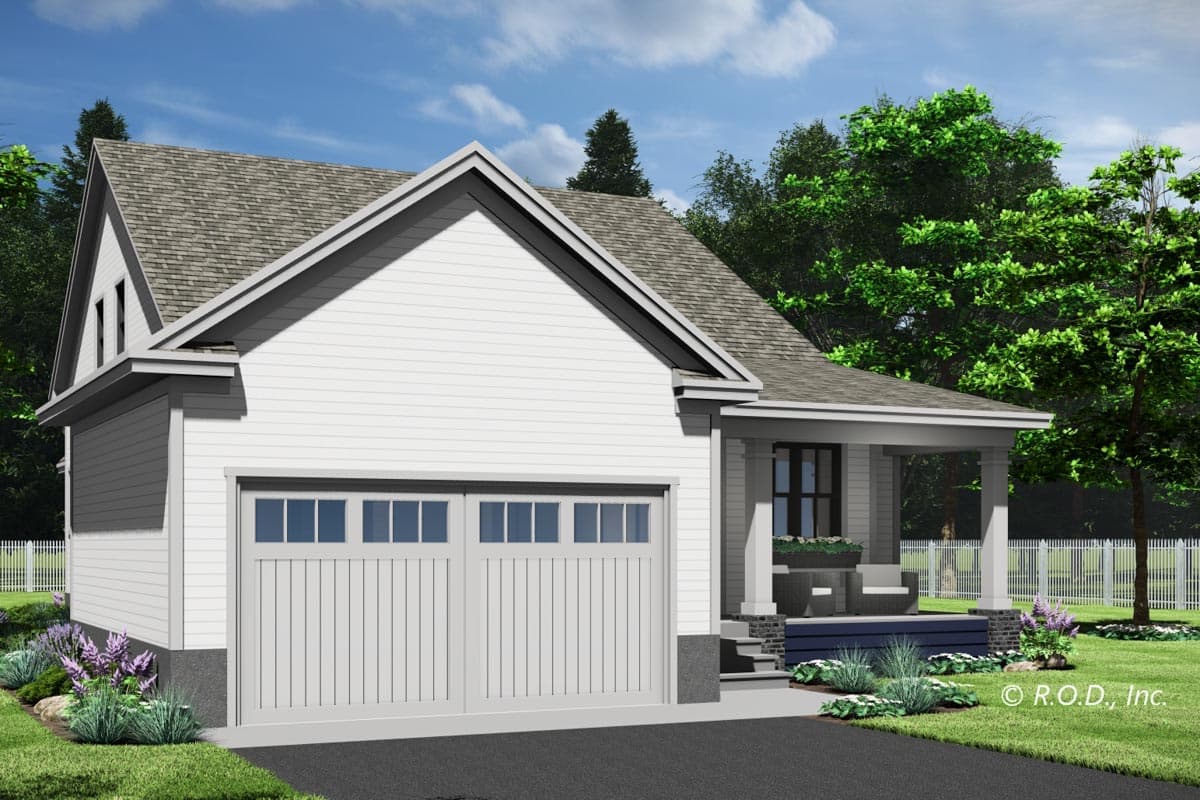 House plan exterior: Modern Farmhouse style, two stories, front-facing garage, gable roof, and covered porch.