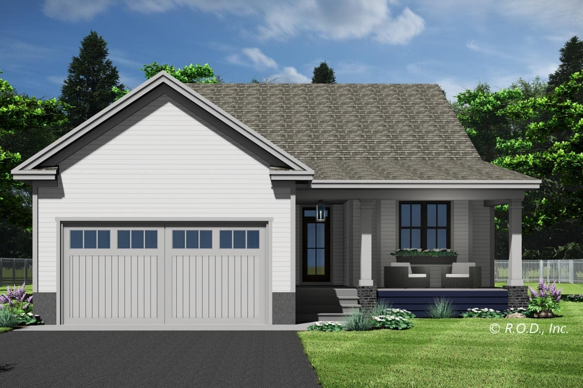 House plan exterior featuring a gable roof, white siding, two-car garage with paneled doors, and a covered front porch with square columns.