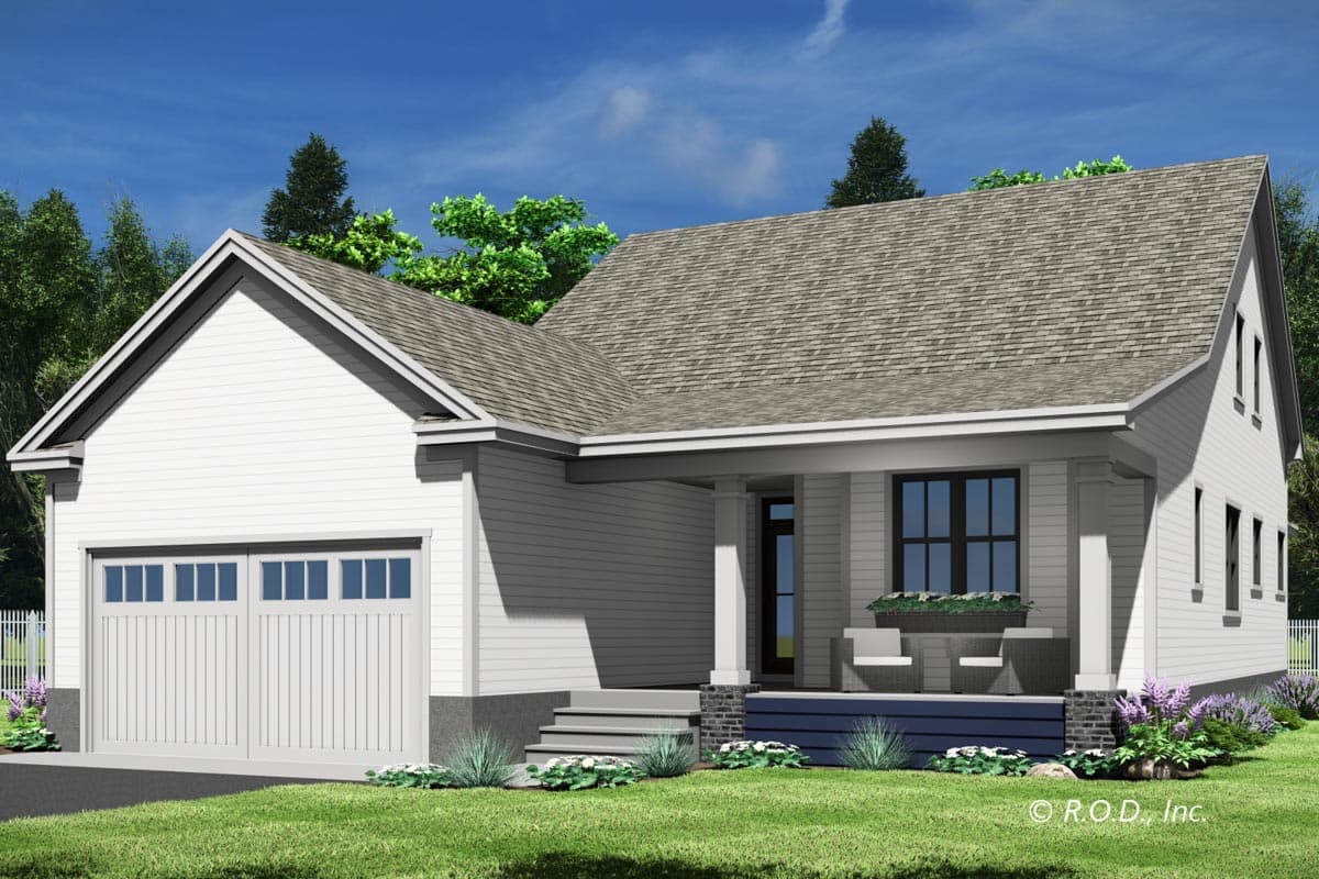 House plan exterior: One-story Modern Farmhouse with attached garage, covered front porch with columns, and gable rooflines.