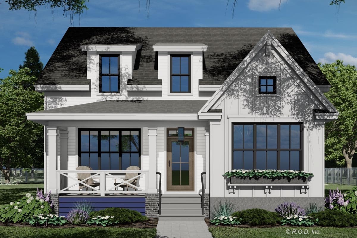 House plan exterior featuring a Craftsman style. The house has a front porch with columns, gables, and dormers. Board and batten siding.