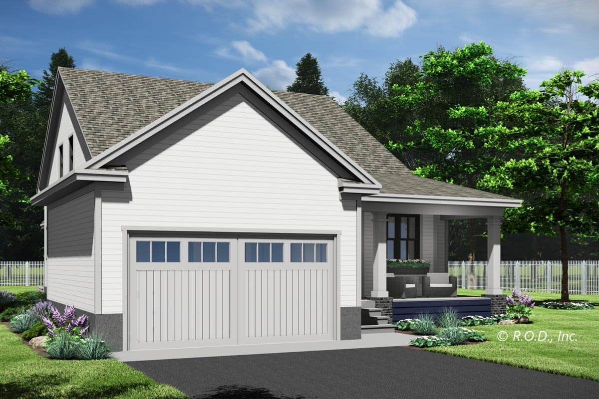 House plan exterior of a one-story home with a two-car garage, covered front porch, and gabled dormers.