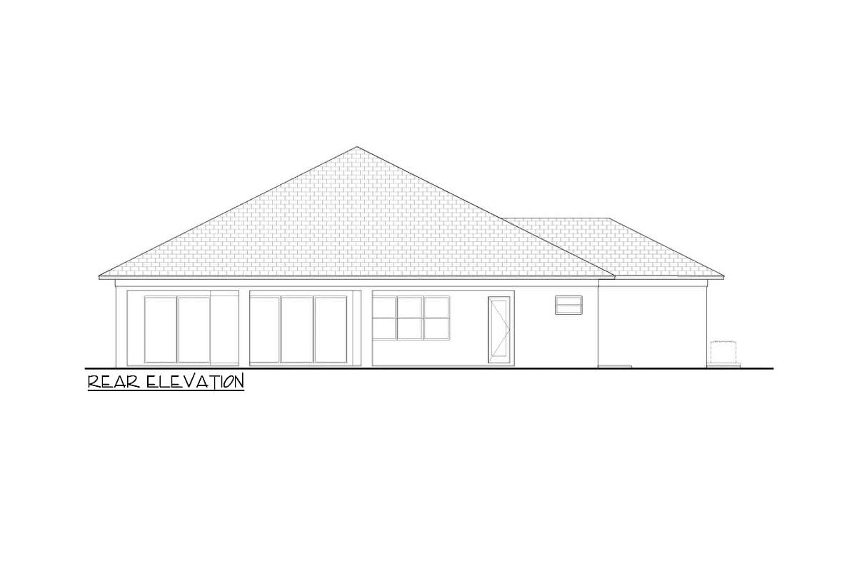 Rear elevation drawing of a single-story house with sliding glass doors, a grid window, and a single door.