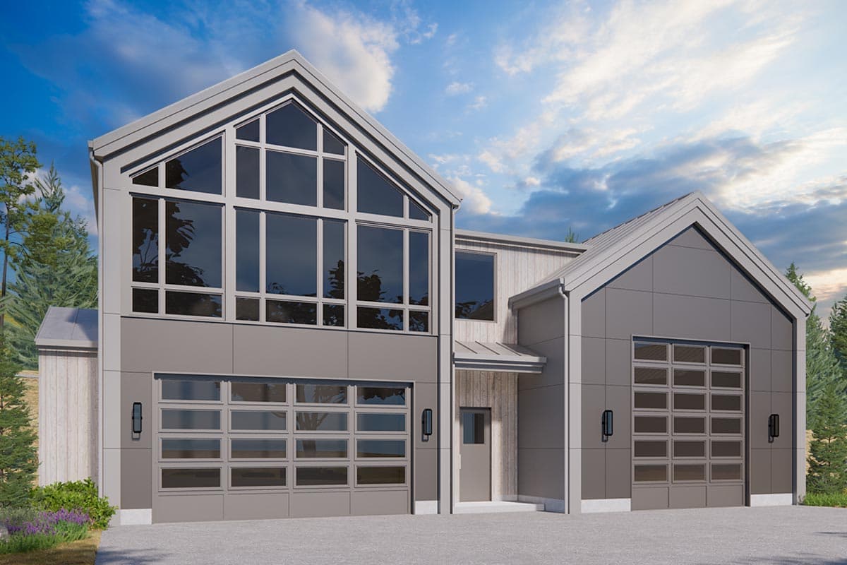 House plan exterior with modern style, two stories, gable rooflines, large window wall, and glass garage doors.