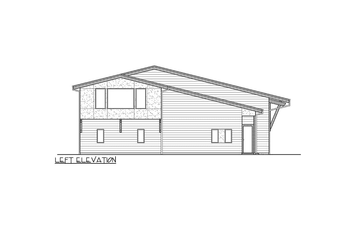 Left elevation house plan with a sloped roof, horizontal siding, and a stucco upper section with large windows.