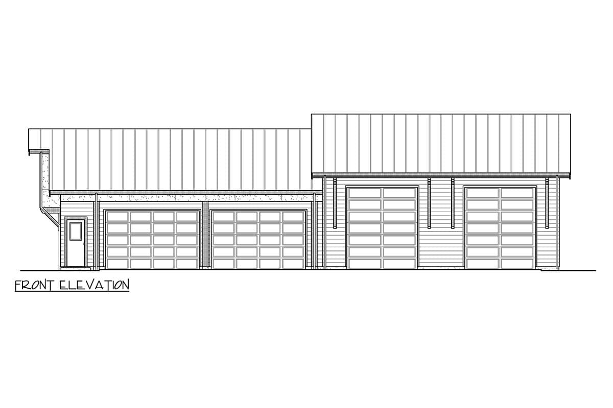 Front elevation of a house plan showing a side-entry two-car garage and a front-entry one-car garage, with a metal roof.