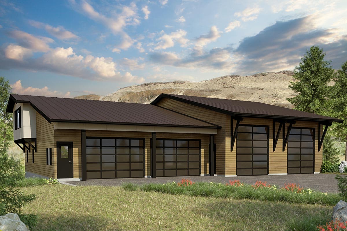 House plan exterior. Modern style with a single story, three-car garage, and a gable roofline. Includes shed dormer and a cantilevered element.