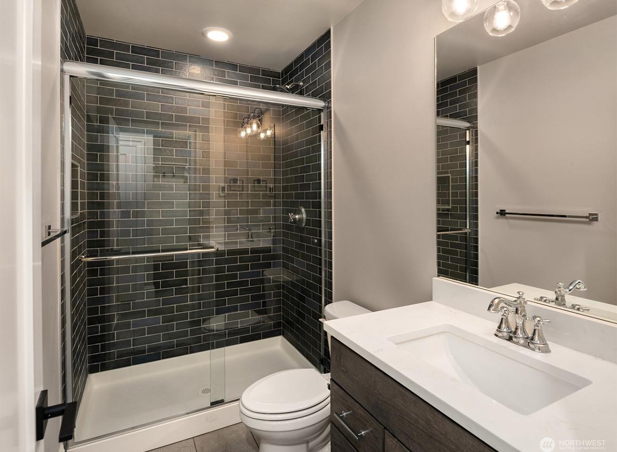 Bathroom with glass-enclosed shower with dark subway tile, white vanity with dual-handle faucet, and toilet.