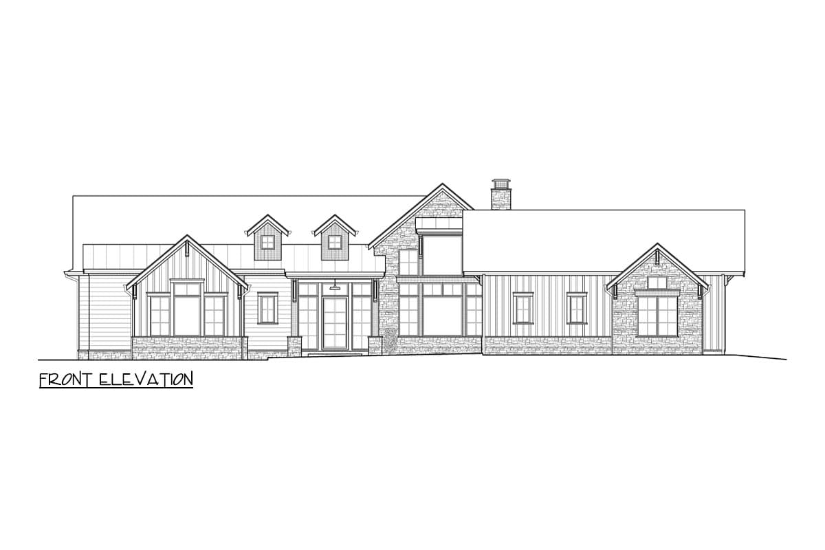 Front elevation drawing of a modern farmhouse house plan with gables, dormers, stone accents, and horizontal siding.