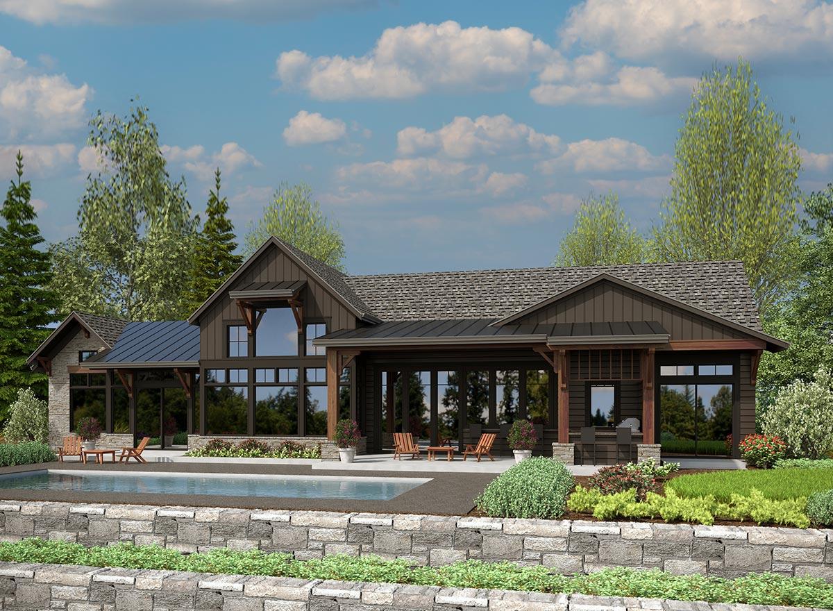 Modern house plan exterior featuring a gabled roofline, large windows, covered patio, and swimming pool.
