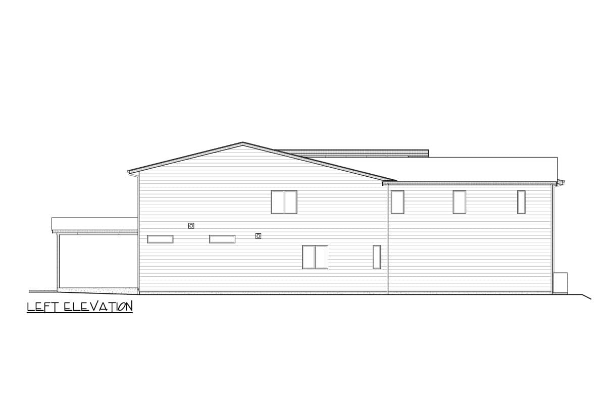 Left elevation drawing of a two-story house plan with a covered carport, pitched roof, and horizontal siding.