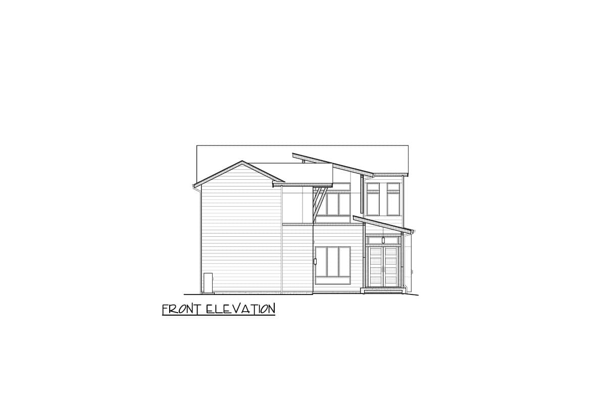 Front elevation drawing of a two-story house with asymmetrical rooflines, horizontal siding, and a covered entryway with double doors.