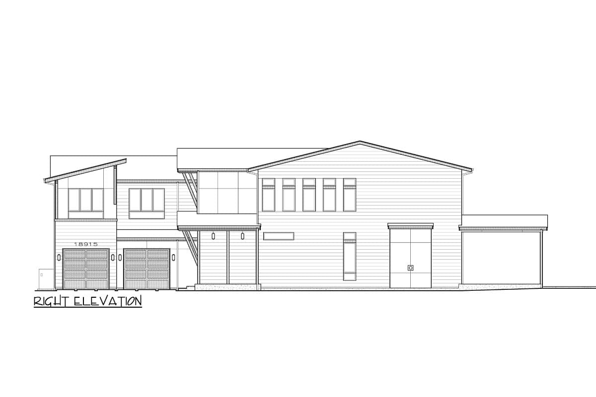 Right elevation drawing of a modern house plan with multiple garages, asymmetrical rooflines, and horizontal siding.