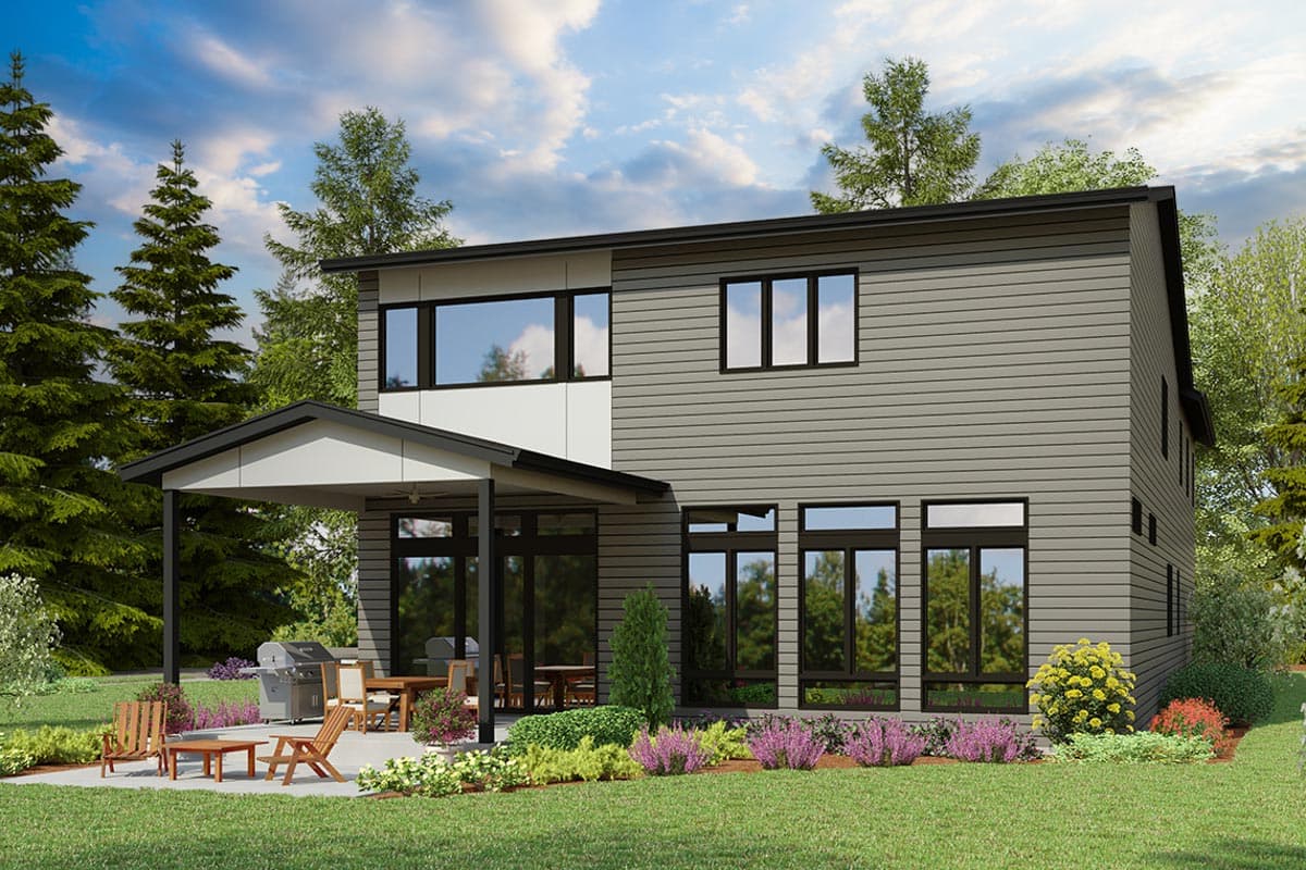 Modern two-story house plan exterior with horizontal siding, large windows, and covered patio with outdoor dining area.