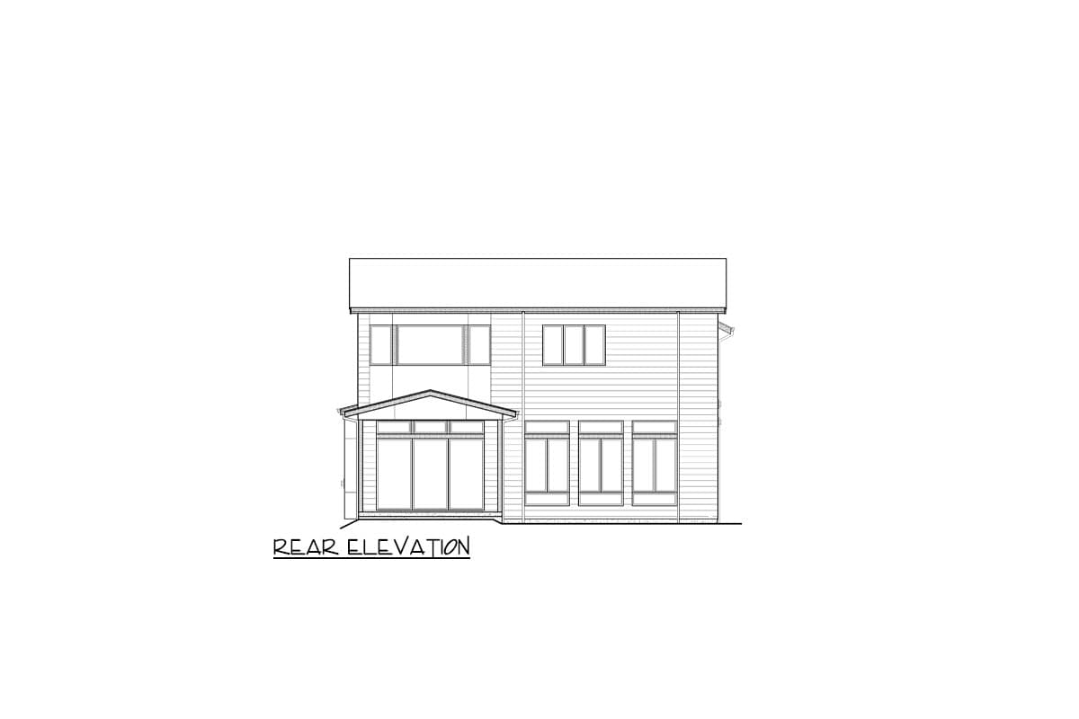Rear elevation drawing of a two-story house with horizontal siding, multiple windows, and a covered entryway.